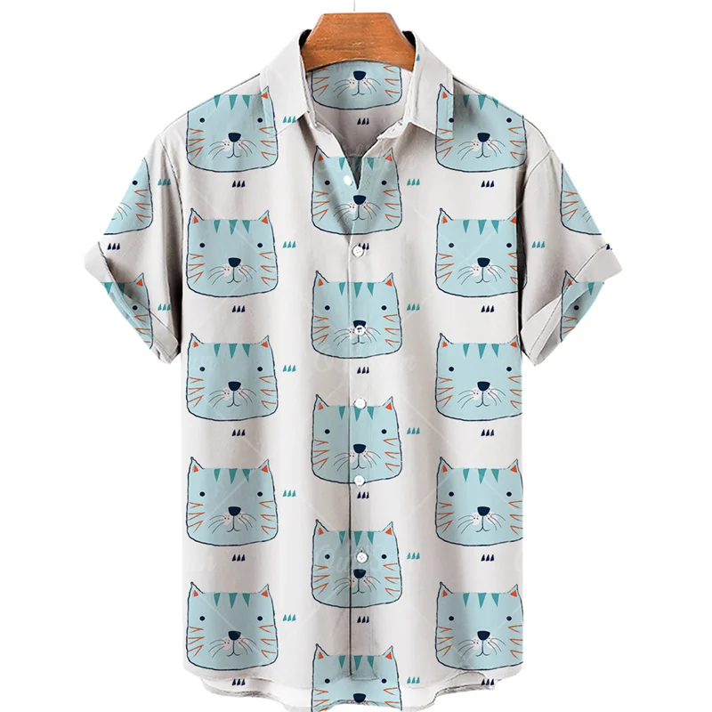 2023 Summer Cat Print Hawaiian Shirt Men's Beach Vacation Casual Tops Plus Size Loose And Simple Outdoor 3XL Button Shirts 5
