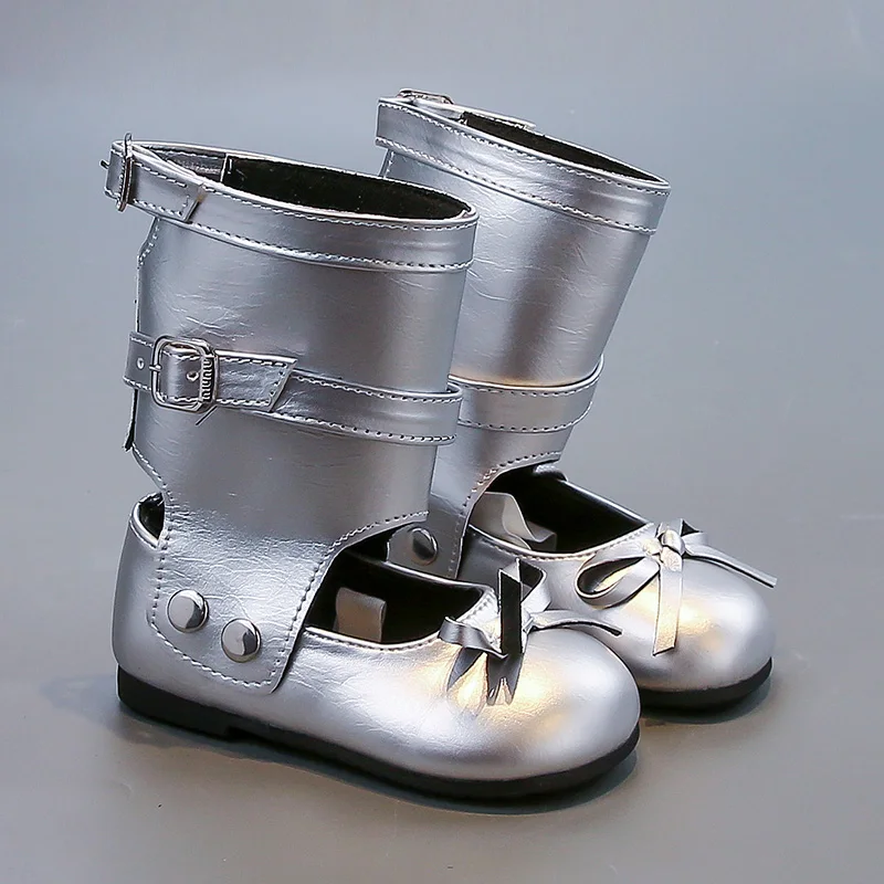 Girls Leather Autumn Boots Flat Shoes with Bowknot