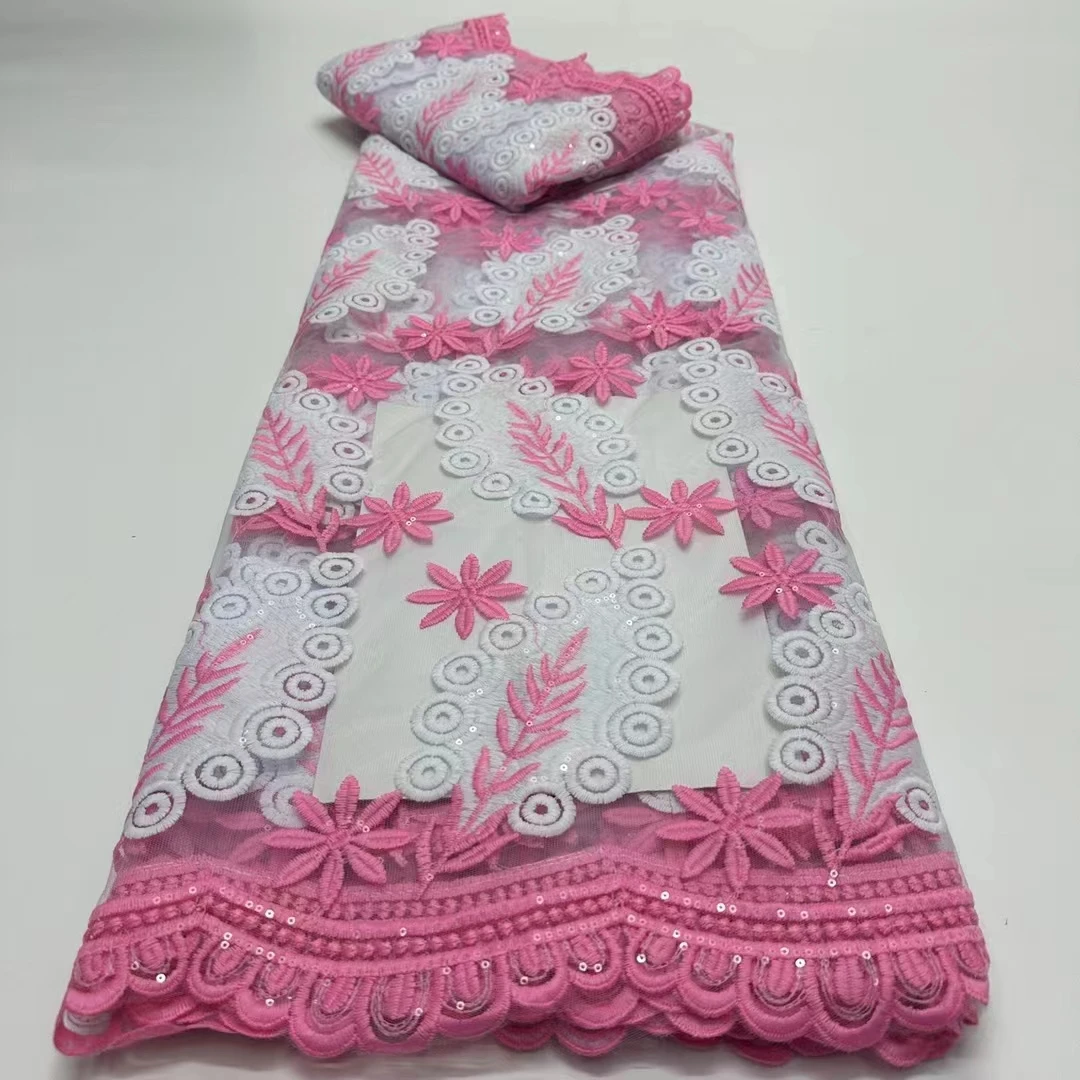 

Pink Guipure Cord Lace Fabric 2024 Latest African Guipure Embroidery Lace Fabric with Sequins Lace for Women Wedding Dress