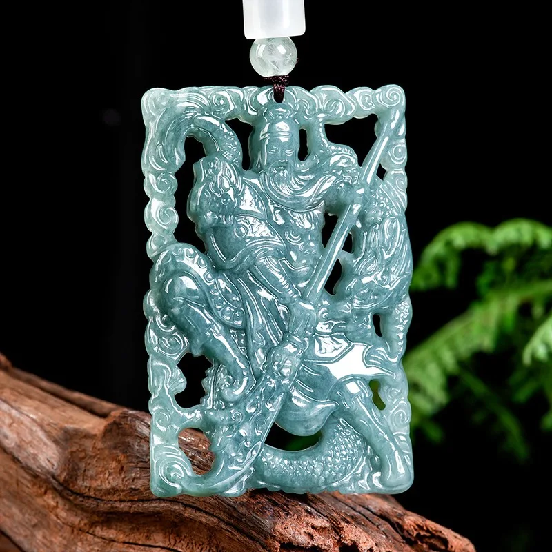 

Natural Burmese Blue Emerald Guanyu Jade Pendant Hand-carved Fashion Charm Jewelry Accessories Amulet Gifts for Men Women Luxury