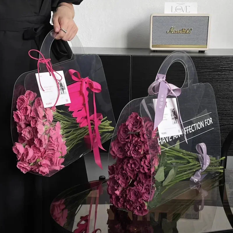 Rose Flower Plastic Sleeve Transparent Flower Packaging Carrier Bags Waterproof Tote Bag Mother's Day Gift Box