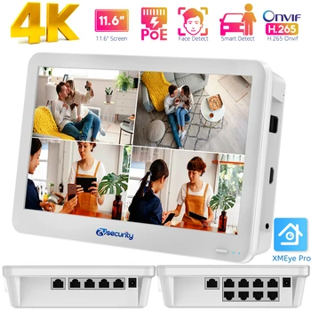 4K Onvif PoE NVR, 11.6 인치 디스플레이, 4CH 8CH 비디오 녹음기, 홈 보안 CCTV 시스템, H.265 얼굴 및 차량 감지, NVR XMEye