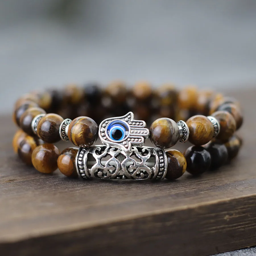 Men Natural Stone Beaded Wrap Bracelet Set with Lava Sodalite Tiger Eyes