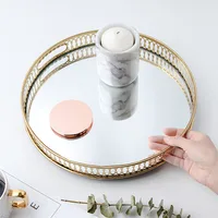 Round Metal Desktop Tray Golden w/ Mirror Glass Base Desktop Decor Perfume Jewelry Storage Party Cakes Fruit Serving Tray 1