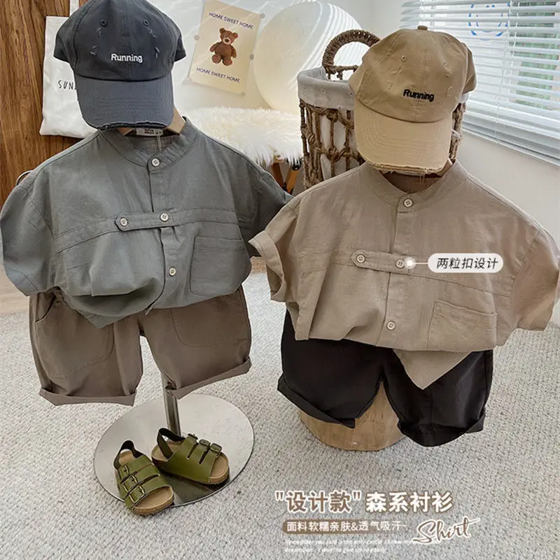 Children's Clothing Boy's Short-Sleeved Shirt Children's Summer 2022 New Baby Japanese Style Artistic Summer Two-Piece Suit