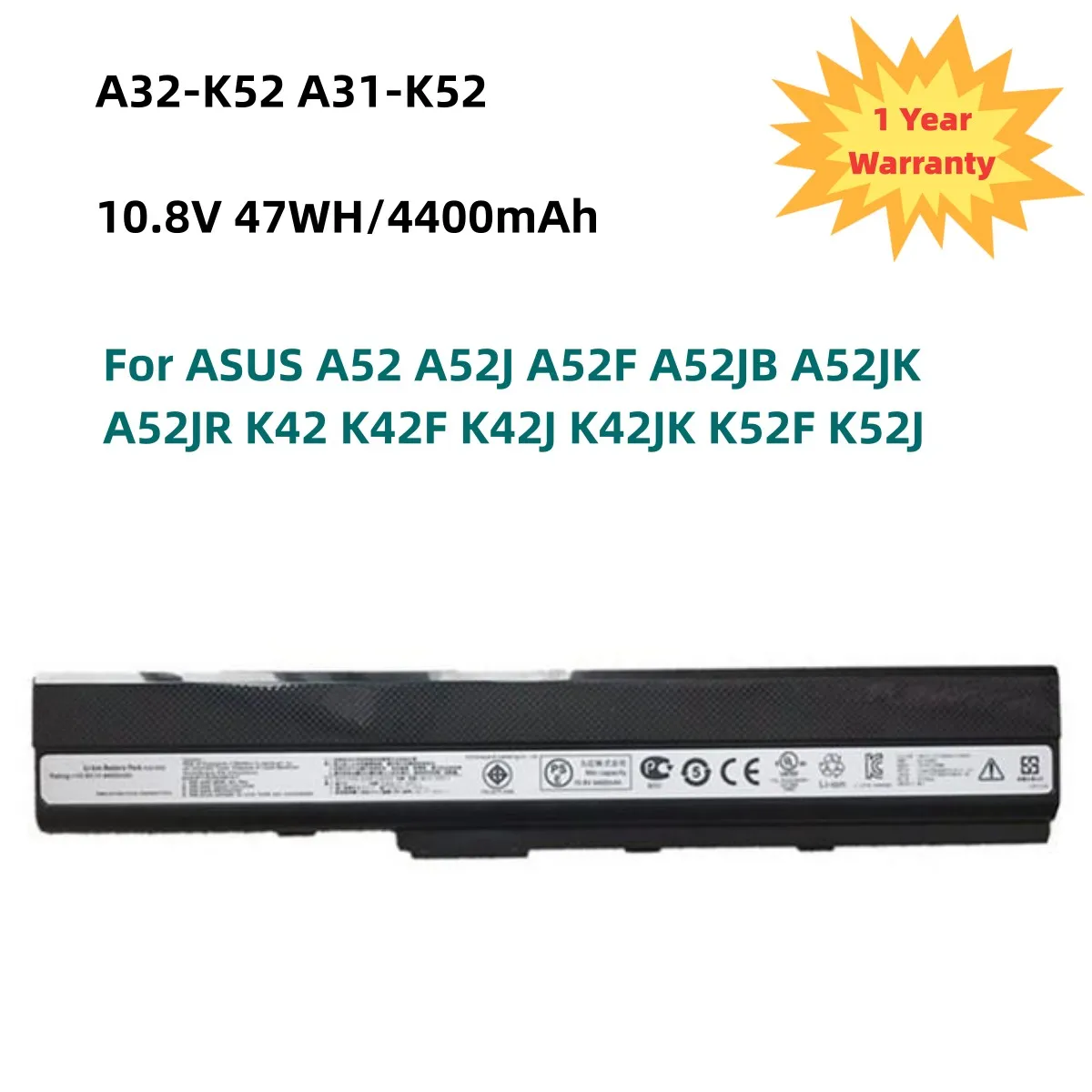 

A32-K52 10.8V 47WH Laptpo Battery for ASUS A52 A52J A52F A52JB A52JK A52JR K42 K42F K42J K42JK K52F K52J A31-K52 A41-K52 A42-K52