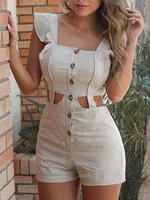 Women Rompers Sexy Elegant Waist Hollow Out Sleeveless Single-breasted Ruffled Short Rompers Ladies Jumpsuit Streetwear