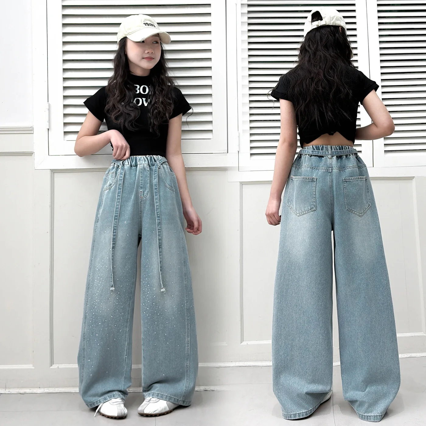 키즈 소녀 스타일리쉬 루즈 스트레이트 청바지 별빛 하늘 다이아몬드 아동용 편안한 핏 바지 봄 가을 데님 팬츠 십대용