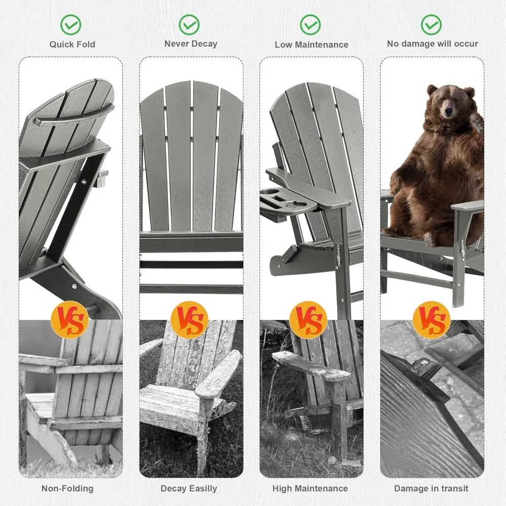 Adirondack Chair Set of HDPE Folding Adirondack Chair w/4 in 1 Cup Holder Trays,Weather Resistant Outdoor Chair, 4