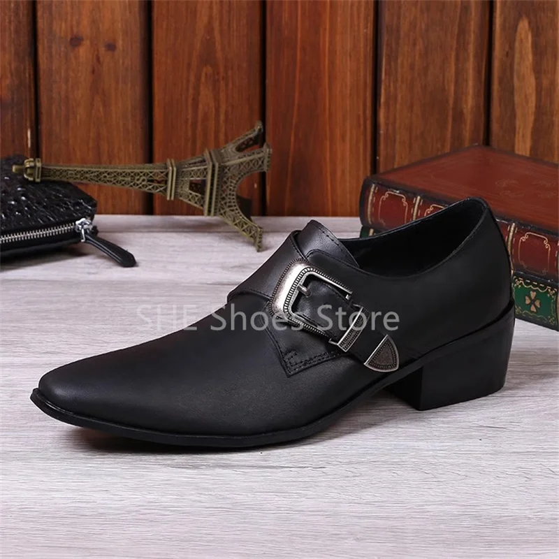 Square Buckle Genuine Leather Loafers for Men Pointed Toe Low Heel Shallow Lace-Up Oxfords Male Casual Shoes Dress Flates
