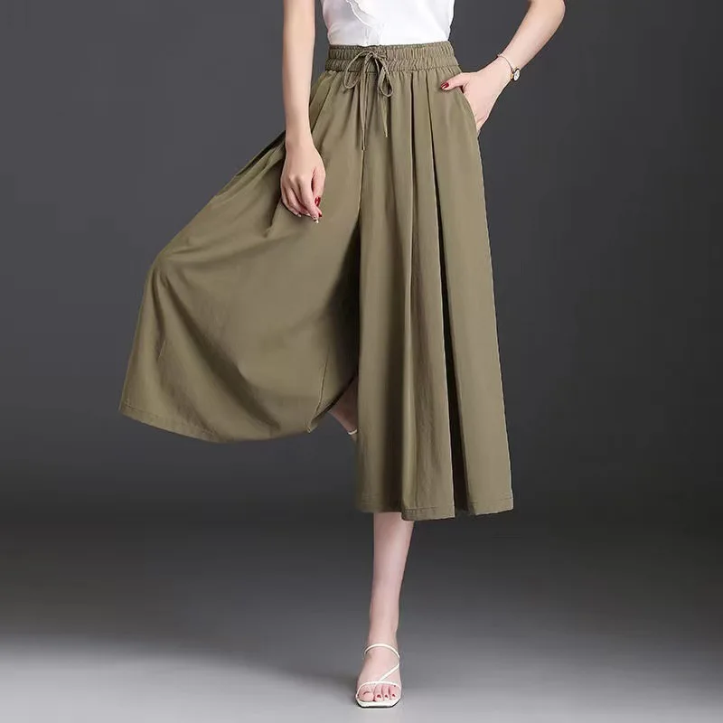 

New Summer High Waisted Wide Leg Pants For Women Fashion Thin Black Leisure Loose Cropped Pants Ladies Casual Versatile Trousers