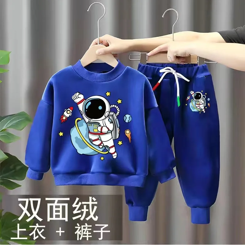 2023 Autumn Winter Baby Clothing Sets Fashion Kids Thicken Warm Tracksuit Boys Cartoon Astronaut Printing Sweatshirts+Pants Suit