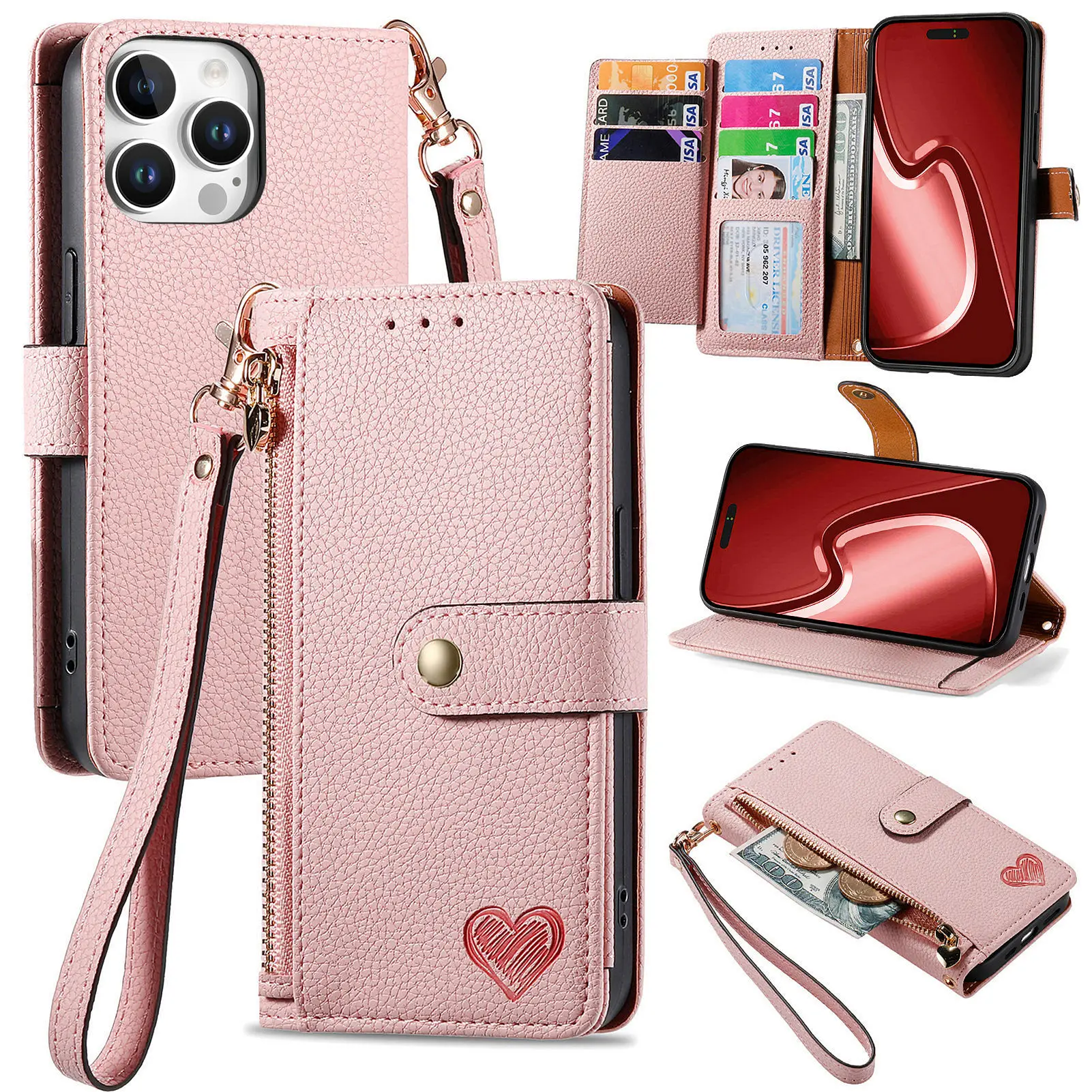Versatile Kickstand Crossbody Wallet Case with Lanyard and Wrist Strap Featuring Card Holder Protection