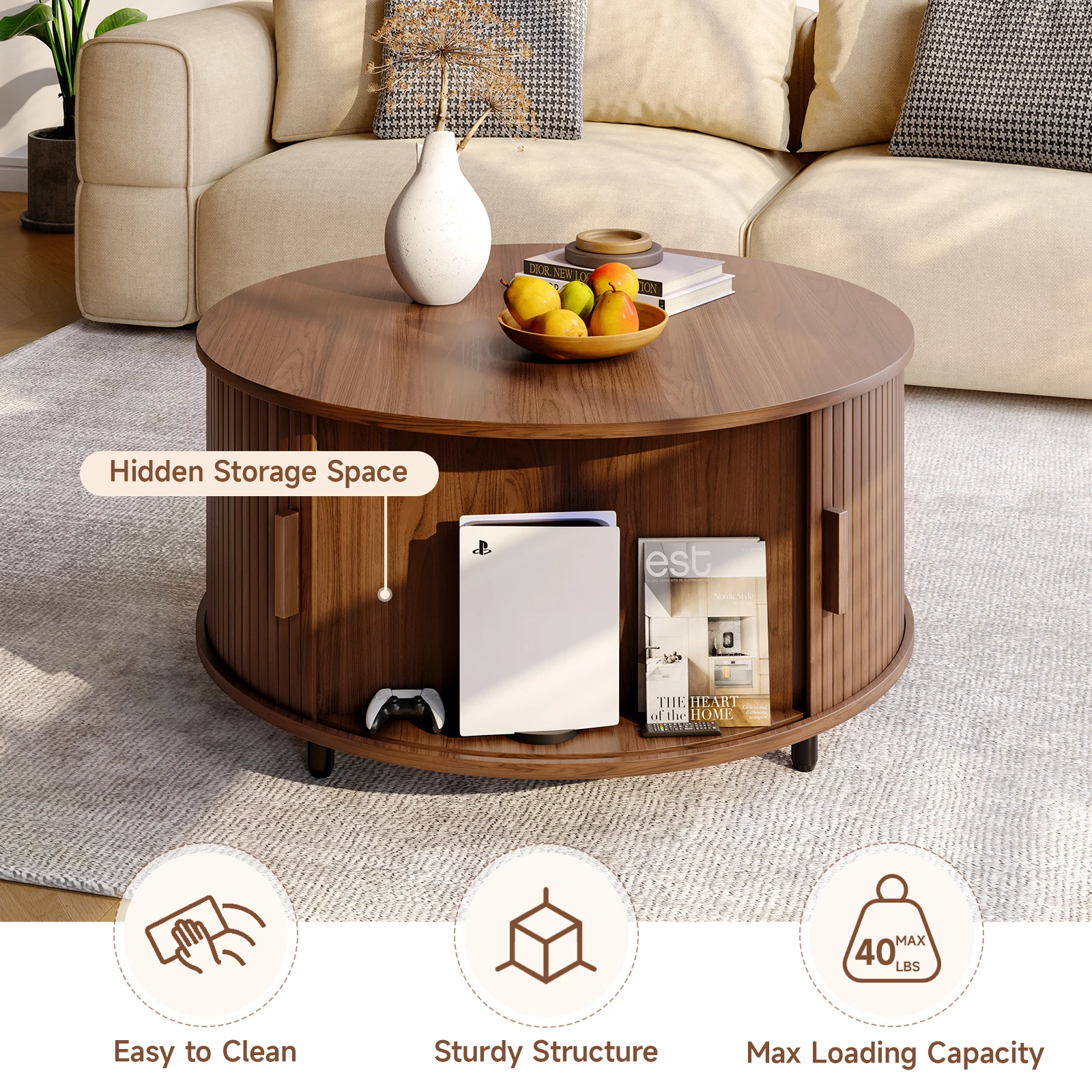 Round Fluted Coffee Table with Storage 3