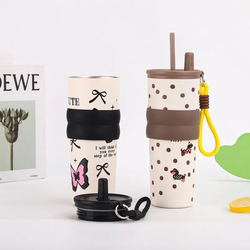 710ML Printed Bow Vacuum Cup Insulation Or Cooling Stainless Steel Cup With Lifting Rope High-Capacity Insulated Cup LIJIAO