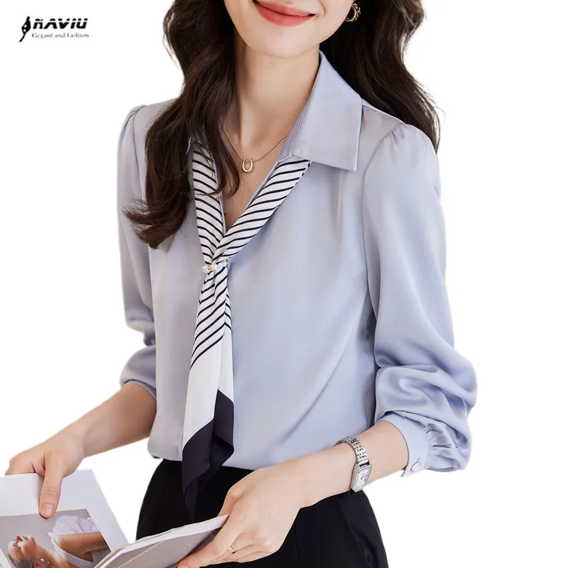 

NAVIU High End Light Blue Ribbon Tie Shirt Women New Autumn Fashion Temperament V Neck Blouses Office Lady Work Tops White