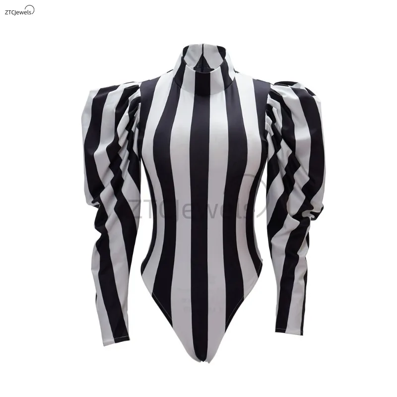 Womens Victorian Gothic Halloween Costume Sexy Dress Black White Stripes Jumpsuit Bodysuit Cosplay Costume Party Outfits