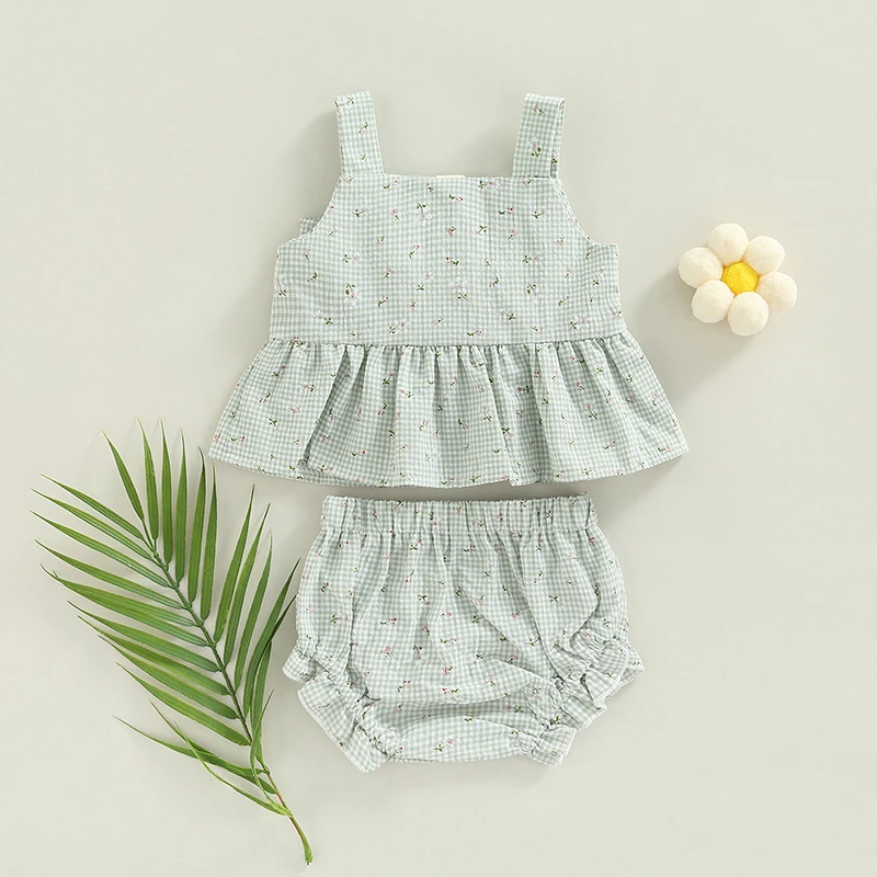 

Summer Infant Baby Girl Outfits Suit Plaid Pattern Floral Printed Bowknot Suspender Tops Shorts Clothes Set