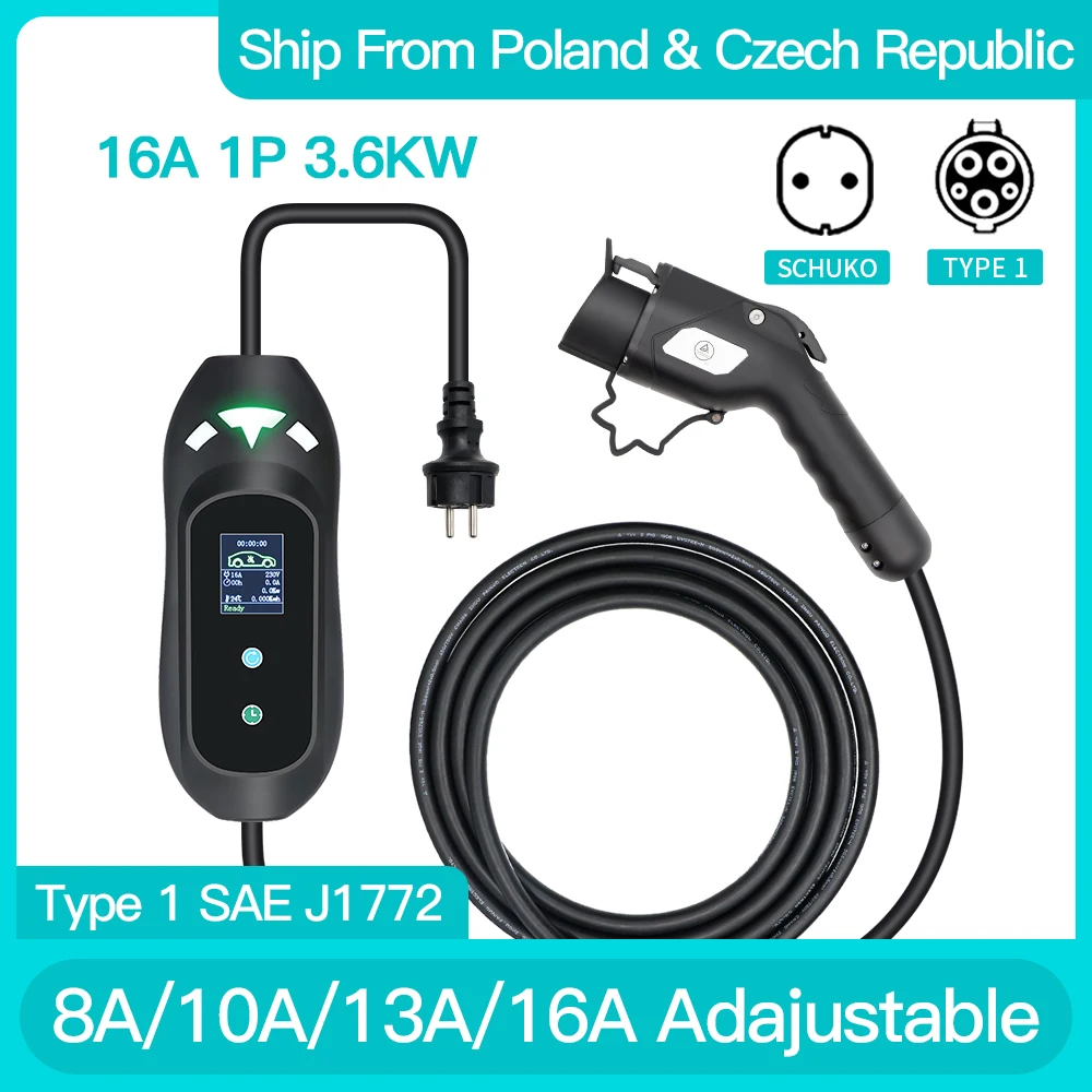 Caricabatterie Mobile Ev Wallbox 16A 3.6Kw Tipo 1 Spina Livello 2 Valtage 220-250V Cavo Regolabile 8/10/13/16A 5M Per Veicolo Elettrico