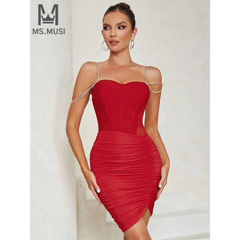 

MSMUSI 2024 New Fashion Women Sexy Strap Diamond Crystal Chain Fold Sleeveless Bandage Bodycon Party Club Event Slim Mini Dress