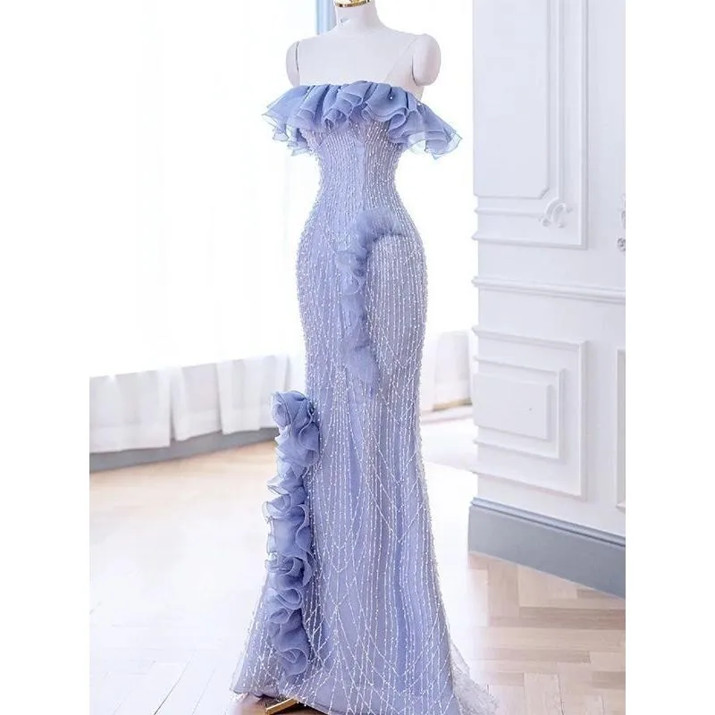 

Blue Sequin Mermaid Evening Dress Strapless Backless Tail Formal Wedding Guest Dresses Exquisite Sleeveless Vestidos De Noche
