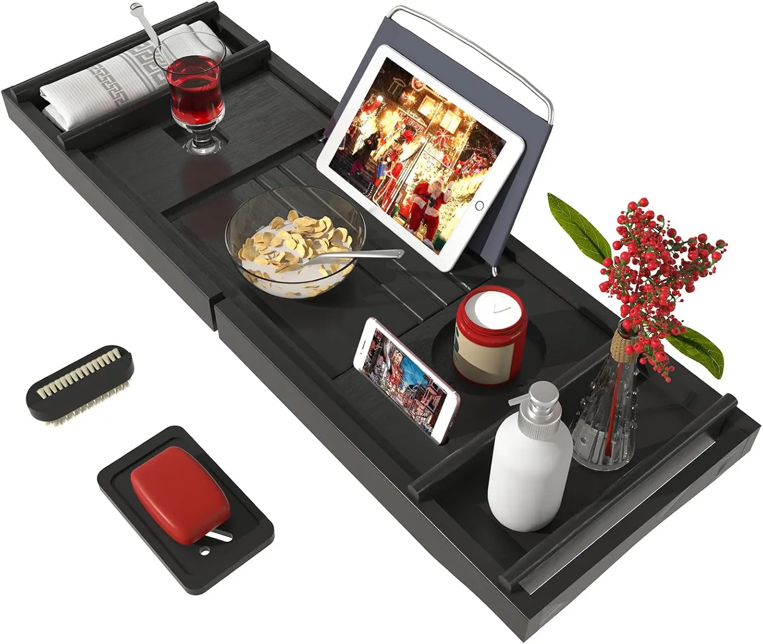 NEW Bamboo Adjustable Organizer Tray for Bathroom with Free Soap Dish Suitable for Luxury Spa or Reading(Black)