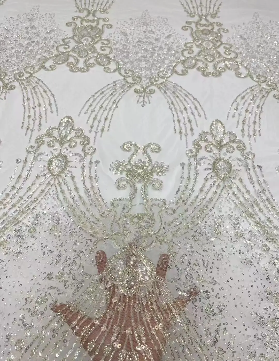 

High quality Beaded fabirc L-1308104 French mesh tulle lace Sequin Nigeria fabric lace for sewing evening dress wedding dress