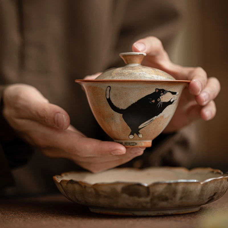 Tea Set 130ml Vintage Cute Zhi Ye Cat Porcelain Gaiwan Set For Tea Tureen Teaware Cup Chinese Hand-Paint Bowls Chawan Tea Ceremony Set