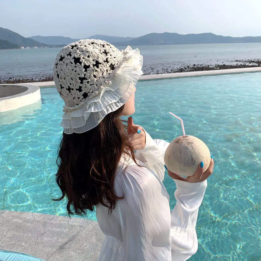 New Women Lace Knitted Bucket Hat  Spring Summer Sunscreen Hollow Fisherman Hat Crochet Beach Caps Sweet Romantic Sun Hat 2022 off white bucket hat