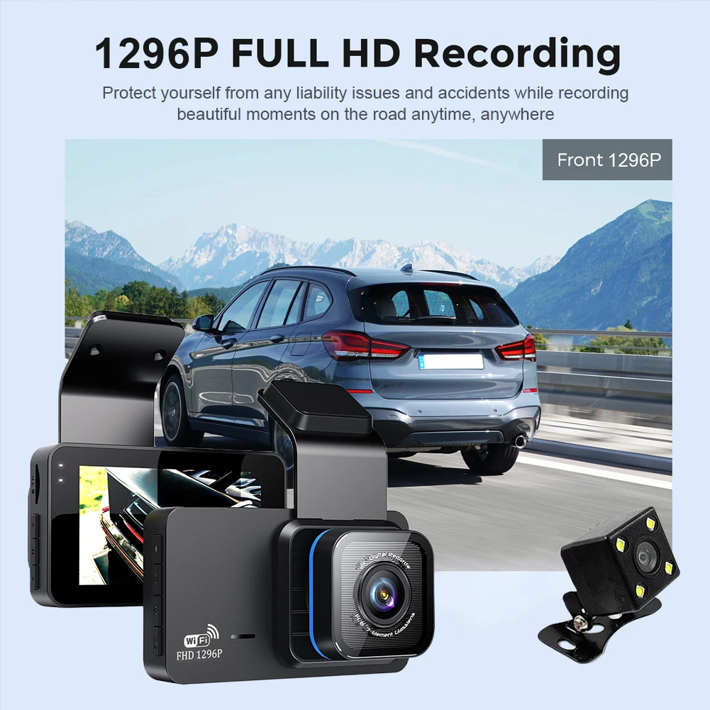 

Видеорегистратор автомобильный, HD 1296P, GPS, Wi-Fi, G-датчик, ночное видение