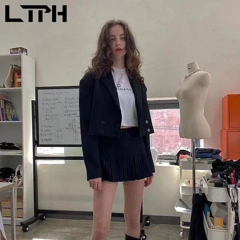 

LTPH stripe outfits two piece set women small blazer high waist pleated skirt suits ins streetwear vintage casual 2023autumn new