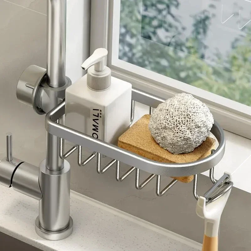 Kitchen Space Aluminum Sink Drain Rack Sponge Storage Faucet Holder Soap Drainer Shelf Basket Organizer Bathroom Accessories