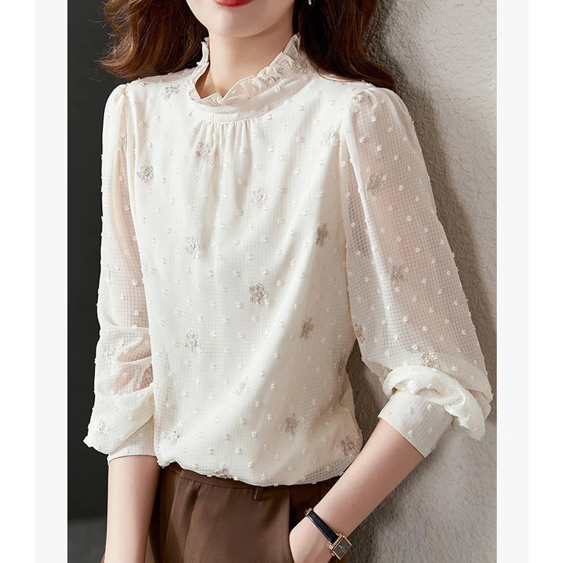 2023Spring Autumn Vintage Ruffled Stand Collar Elegant Chic Sweet Embroidery Shirts Women's Fashion Solid Long Sleeve Top Blouse