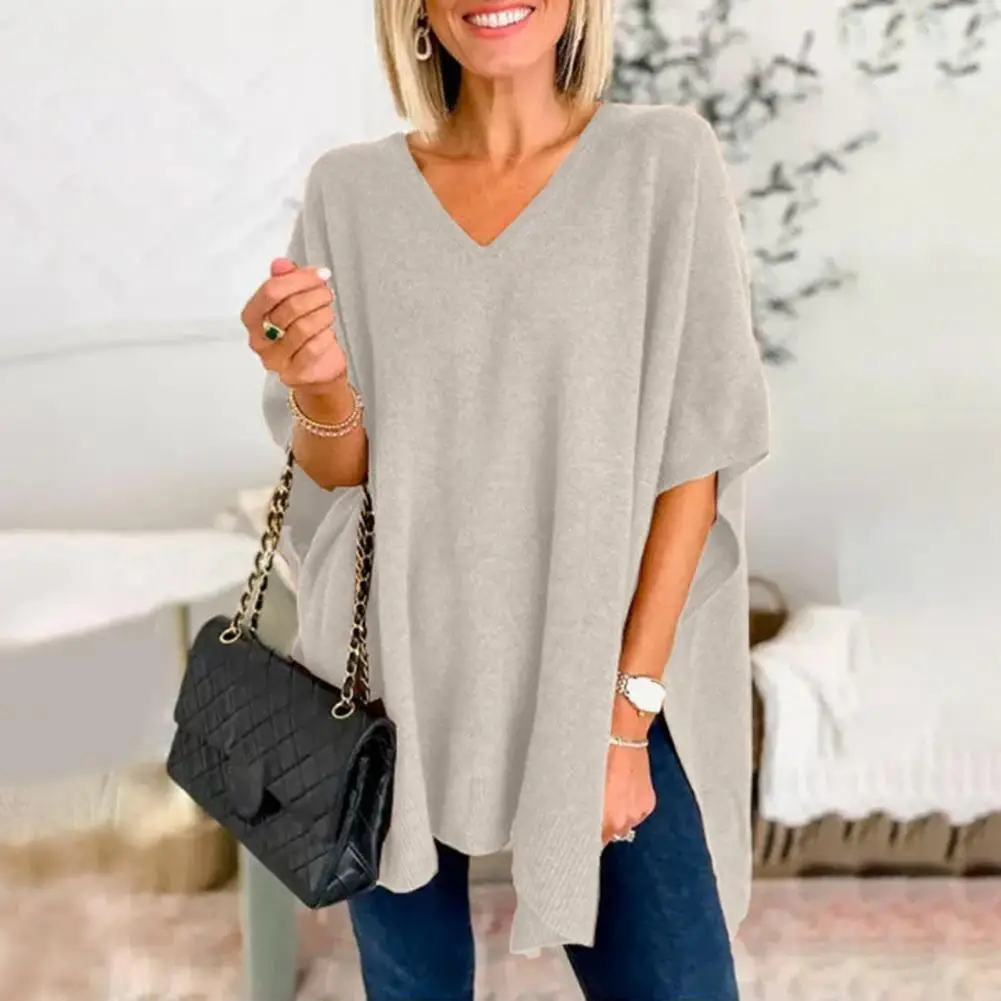 

Свитер с длинным рукавом Dolman, уютный женский свитер в стиле накидки, мягкий вязаный пуловер с асимметричным подолом для осени/зимы, теплый свободный свитер с V-образным вырезом