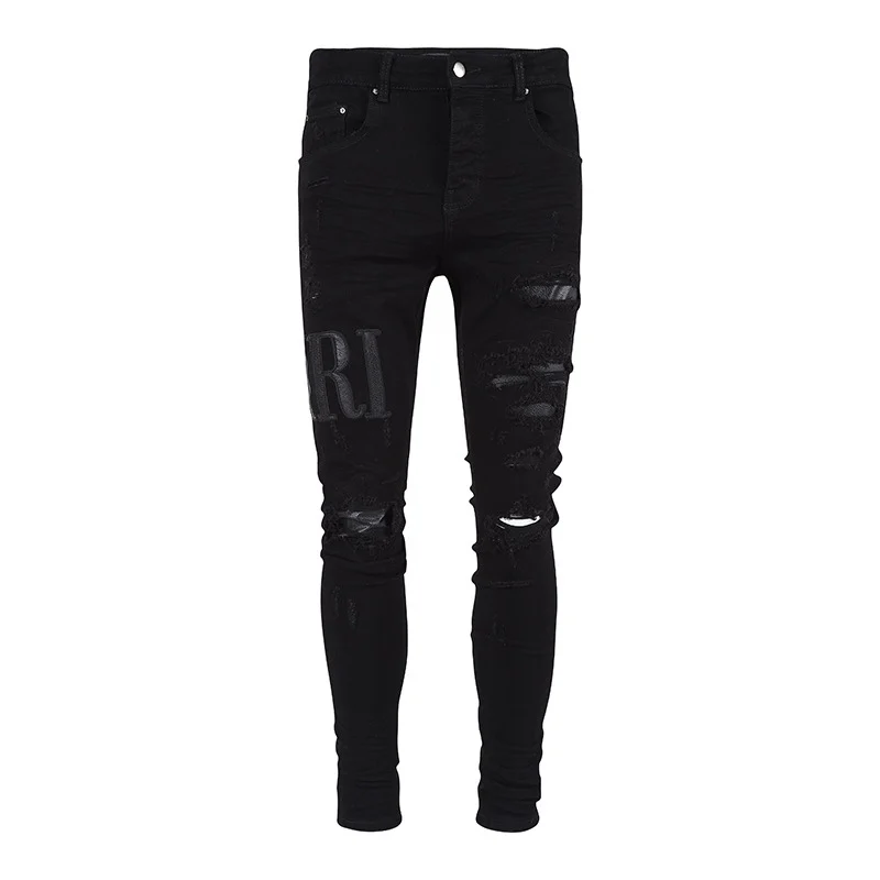 

Men's Sale black Distressed demin Skinny Ripped Streetwear Damaged Rhinestones Painted Slim Fit Stretch Destroyed Jeans pants