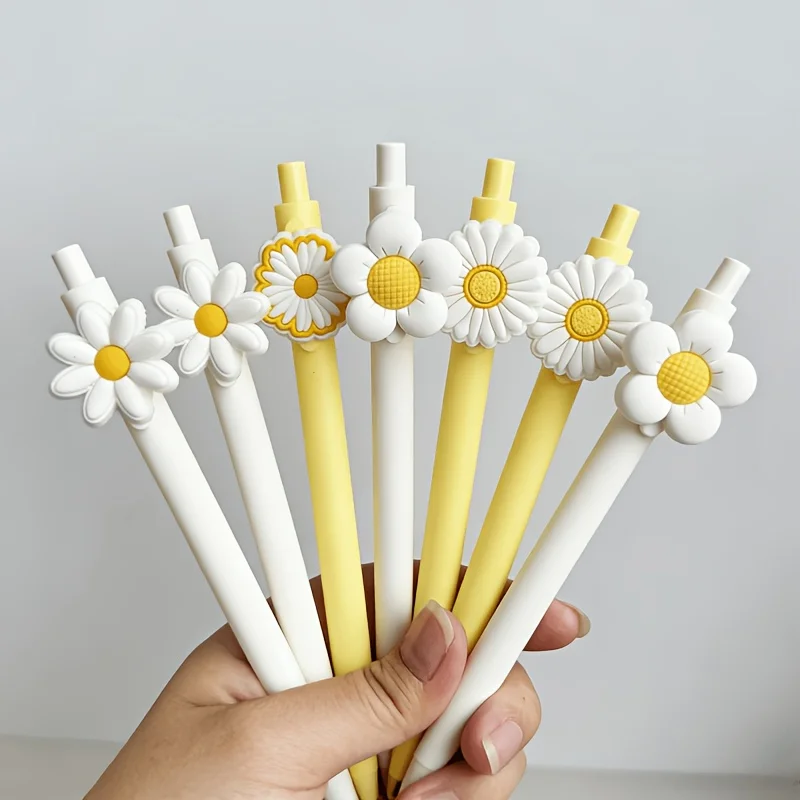 5 penne a sfera a tema girasole bianco, stagione di ritorno a scuola, adatte per la scuola, l'ufficio, inchiostro nero, scrittura fluida.