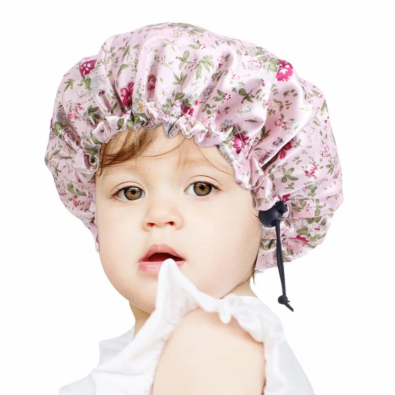 

New Kids Silky Satin Bonnet Cap Double Layer Adjustable Turban Chemo Hat Girl's Wide Elastic Band Print Night Sleep Hats