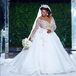 Luxury Wedding Dress Sexy Long Sleeves Sheer O Neck Beading Rhinestones Ball Gown Sweep Train South Africa Bridal Dresses