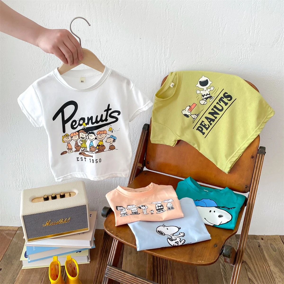 2024 만화 소녀 의류, 라운드 넥, 느슨한 반팔, 귀여운 스누피 프린트 탑, 편안한 아기 티셔츠, 여름 