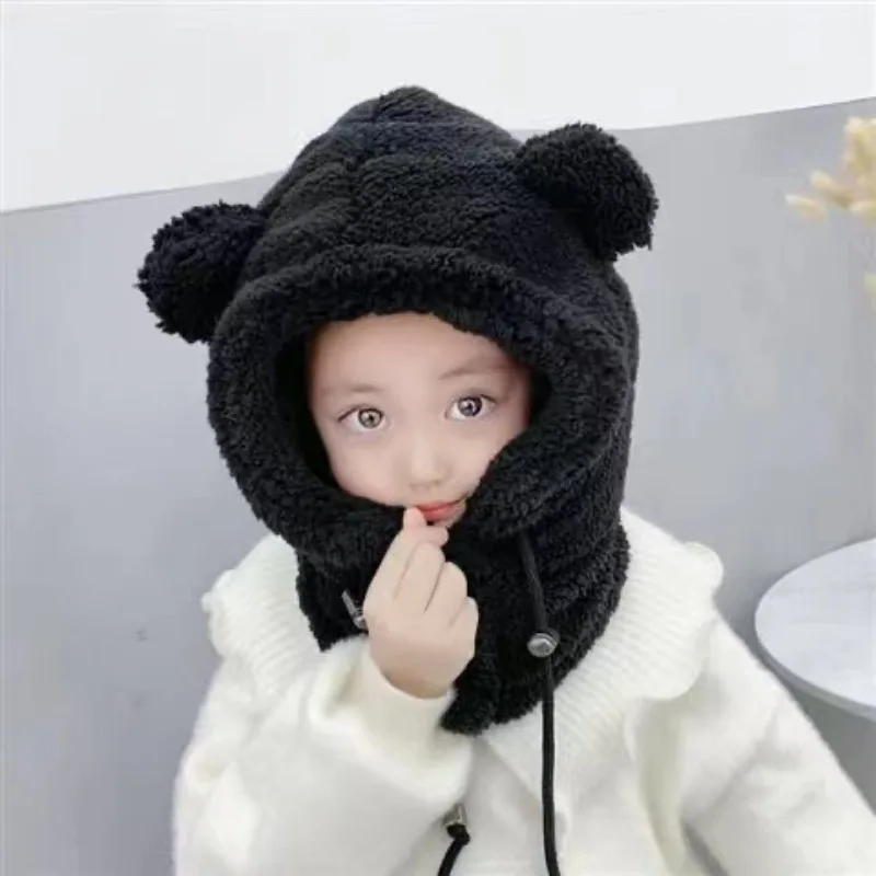 Winter Children Hat Scarf In One Plus Fleece Kids Warm Caps Parent-child Cartoon Windproof Hats For Girls Boys Earflap Cap