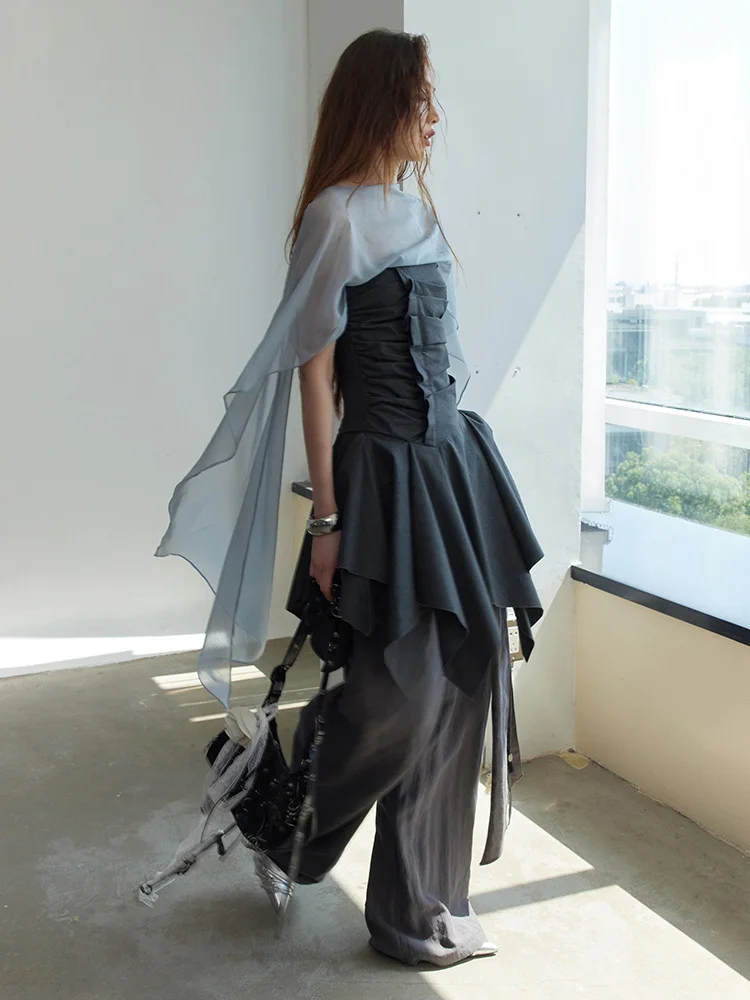 [EAM] High Elastic Waist Gray Ruffles Irregular Bandage Wide Leg Pants New Trousers Women Fashion Tide Spring Autumn 2026 1DJ281