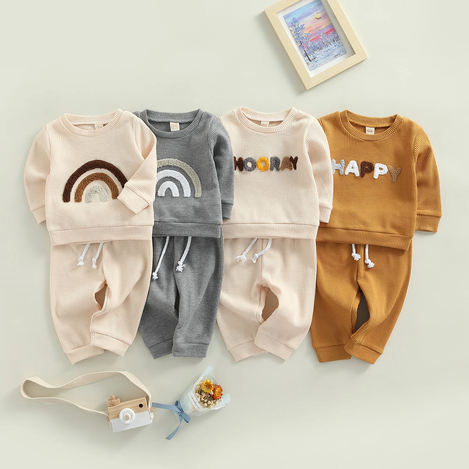 2022-06-15 Lioraitiin 0-24M Newborn Infant Baby Boy Girl Autumn 2Pcs Letter/Rainbow Pattern Long Sleeve Crew Neck Pullover Pant