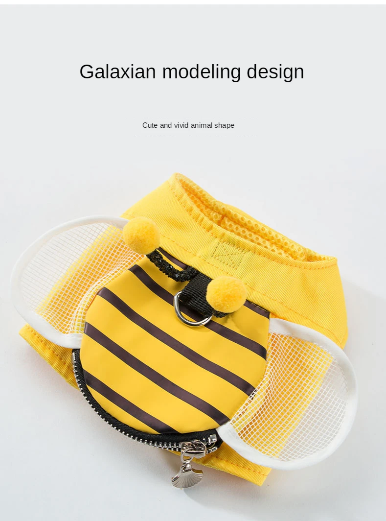 A yellow bee flying with a pocket on it, this is the bee dog harness