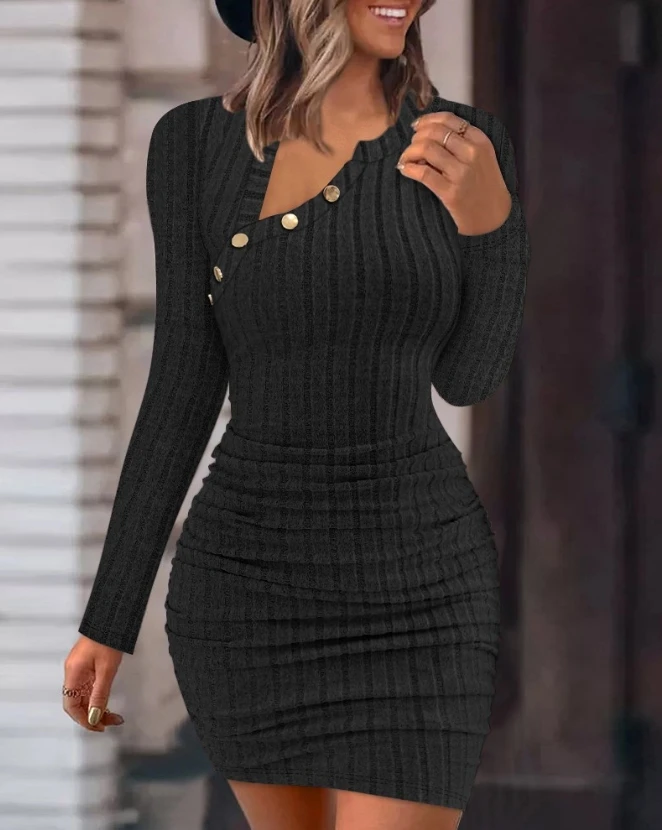 

2023 Autumn New Temperament Commuting Casual Fashion Slim Fitting Asymmetrical Neck Ribbed Skinny Party Sexy Dress for Women