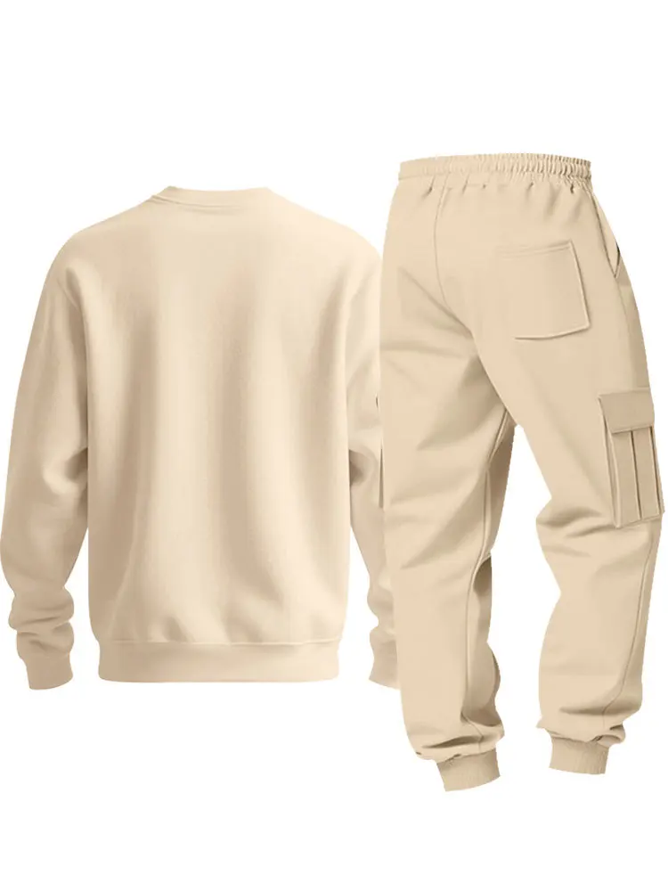 Herren Fleece Rundhals-Sweatshirt-Set Locker Lässiges Langarm-Zweiteiler-Set Herbst Winter Bequemes Sweatshirt Cargo-Hose – Detail 29