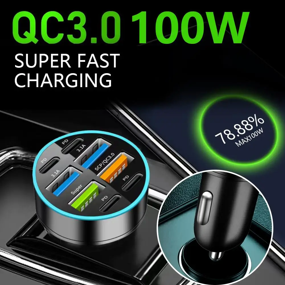

Автомобильное зарядное устройство с 4 портами, 100 Вт, 4USB A + 4Type C
