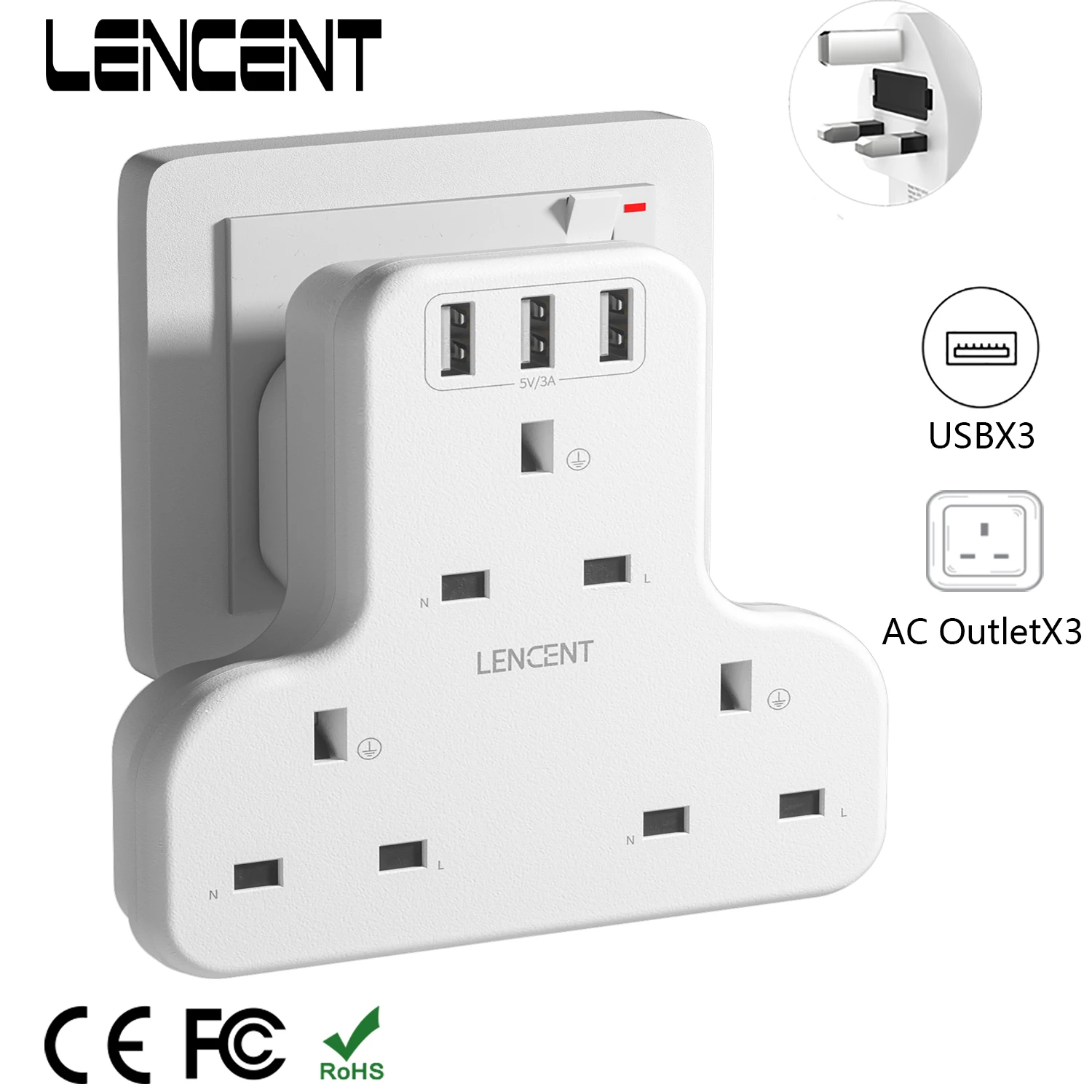 LENCENT Wall Socket Extender with 3AC Outlets 3 USB Ports 5V 2.4A 6 in