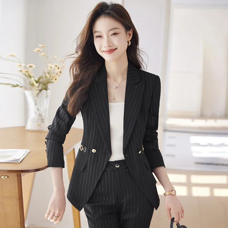 

Женский брючный костюм в черную полоску, повседневный деловой костюм с широкими штанинами, весна