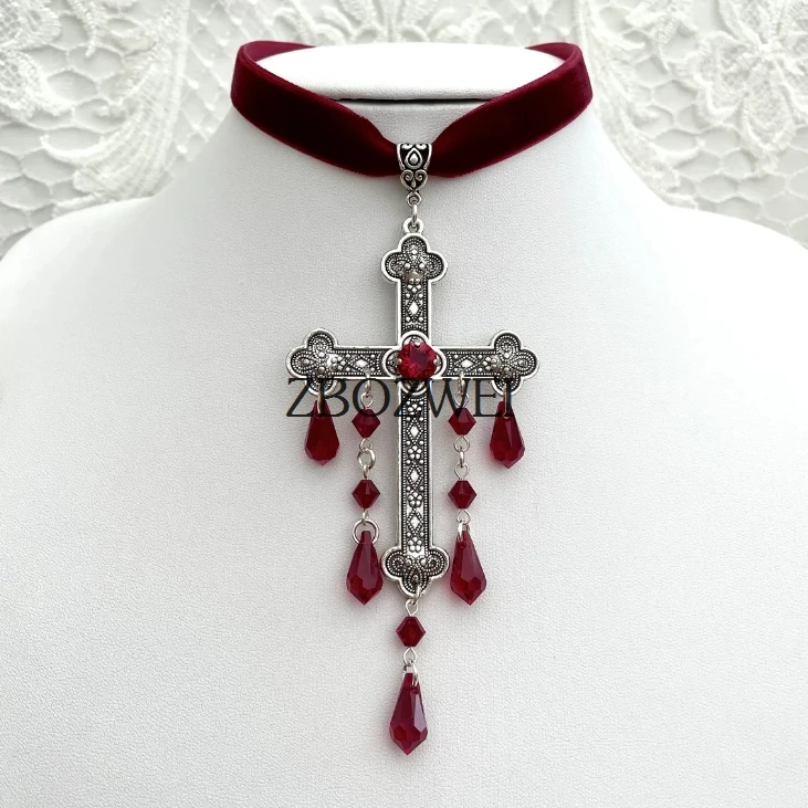 Cross Choker Large Red Goth Gothic Cross Velvet Red Velvet Choker