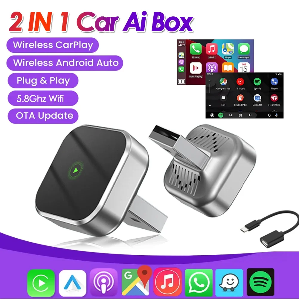 2 IN 1 Wired to Wireless CarPlay & Android Auto Adapter 5.8Ghz Wifi ...